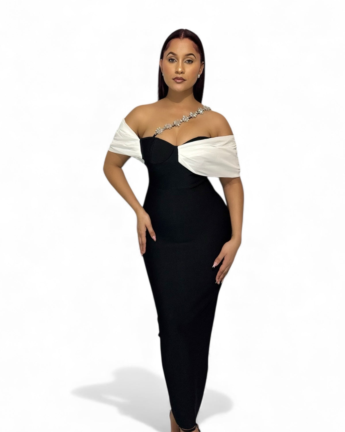 Black & Ivory Crystal Strap Off the Shoulder Gown