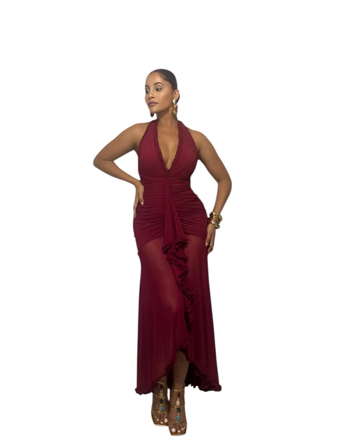 Dark Scarlet Seduction Halter Maxi Dress