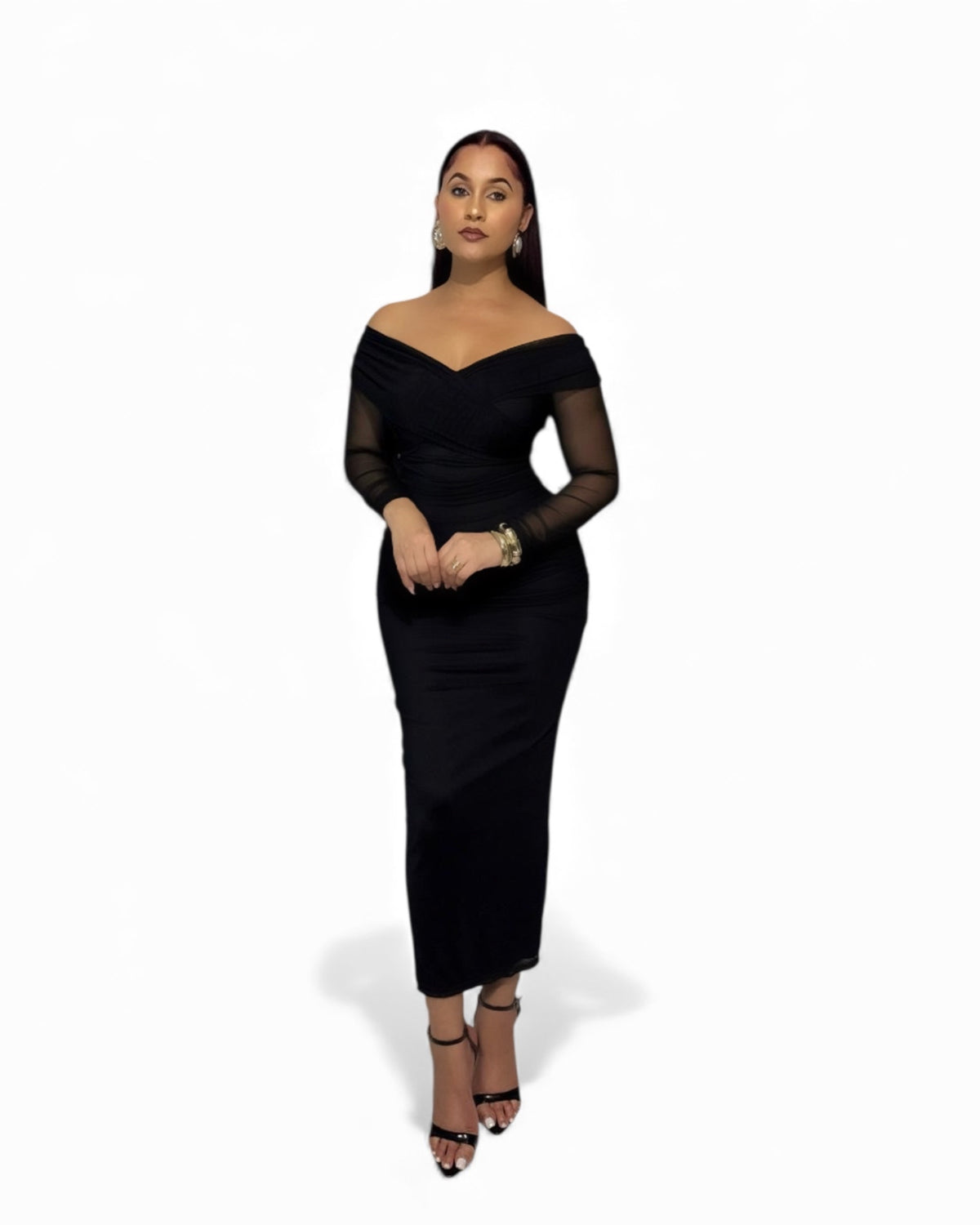 Black Dahlia - Ruched Off the Shoulder Dress with Slit