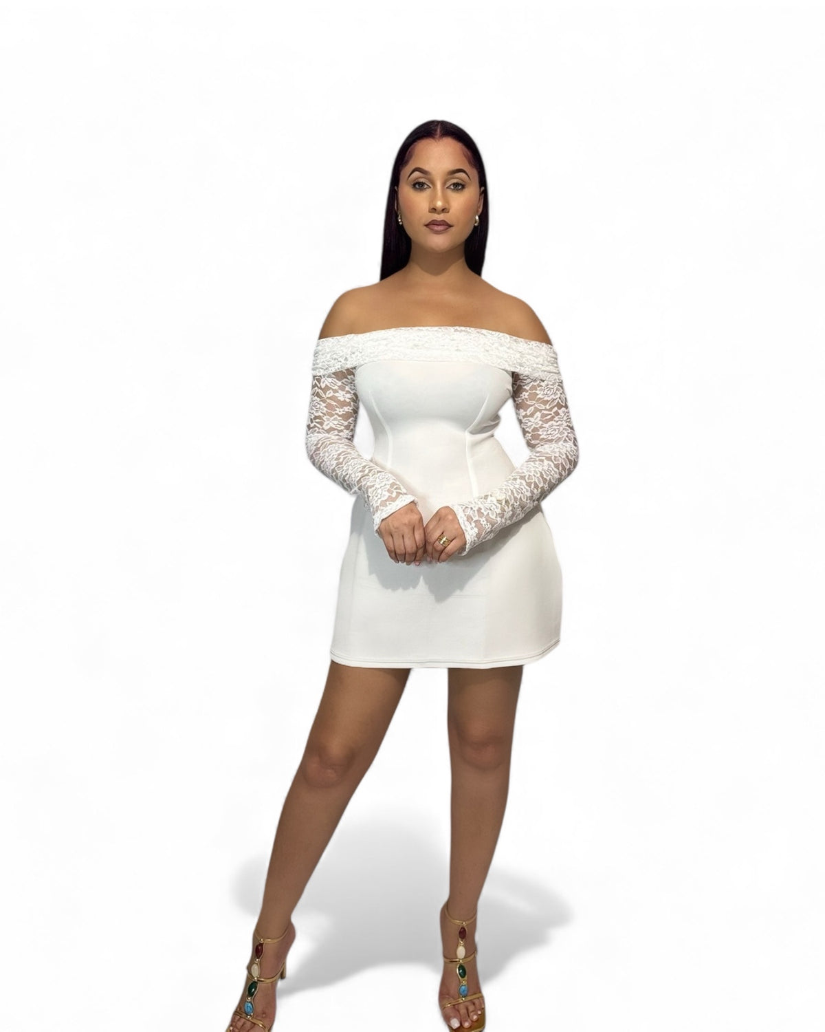 Lady Sophia Off the Shoulder Lace Long Sleeve Mini Dress